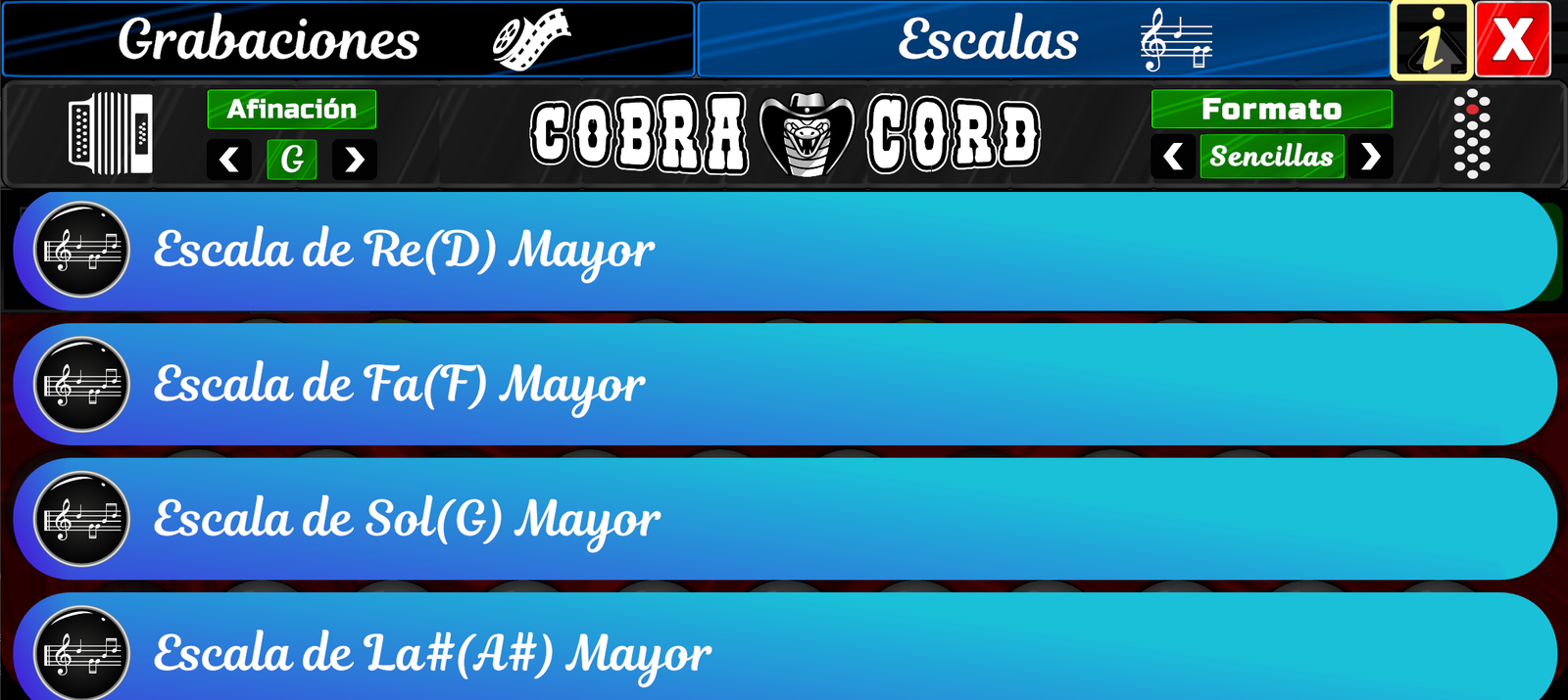 Pantalla de escalas y grabaciones de Cobra-Cord